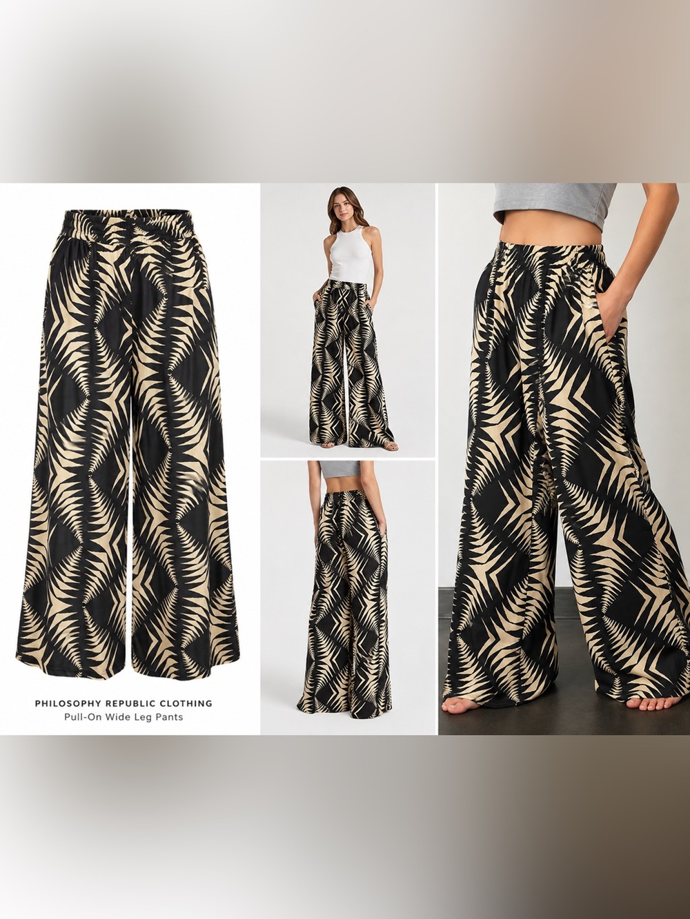 Philosophy Black & Beige Tropical Print Wide-Leg Palazzo Pants